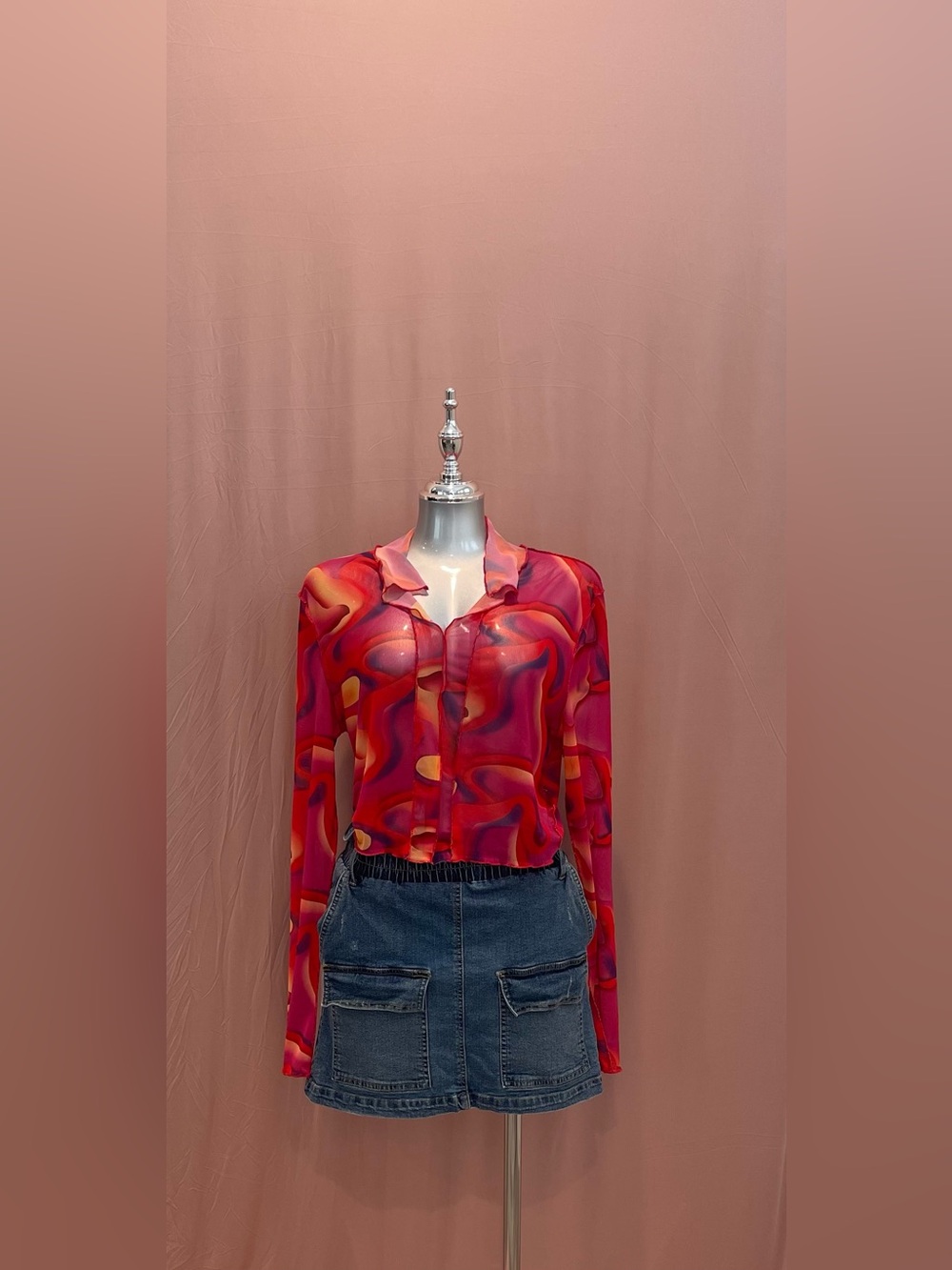 SHEIN Vibrant Pink Red Abstract Print Sheer Blouse